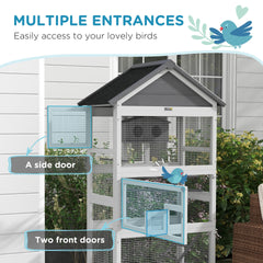 PawHut Wooden Bird Aviary, 67" Outdoor Bird Cage with Slide-Out Tray, Three Doors, Birdhouse, Ladder, Perches for Finches, Parakeets, Gray