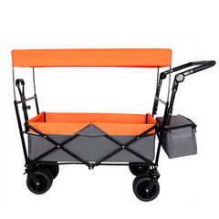 With Push Handle, 480Lbs Collapsible Wagon with Canopy, Wagon cart with 7" All-Terrain Wheels, Lightweight Foldable Wagon, Large Capacity for Camping, Shopping, Sports, and Garden Use, orange