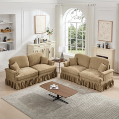 Classic 2 Piece Modular Couch Living Room Sofa Set with Flared Arms and Removable Ruffles Pleats Skirts and Spindle Legs, 2 Seater Sofa + 2-Seat Loveseat Sofa Sets for Living Room, Light Coffee
