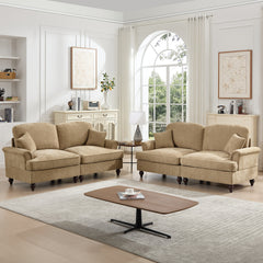 Classic 2 Piece Modular Couch Living Room Sofa Set with Flared Arms and Removable Ruffles Pleats Skirts and Spindle Legs, 2 Seater Sofa + 2-Seat Loveseat Sofa Sets for Living Room, Light Coffee