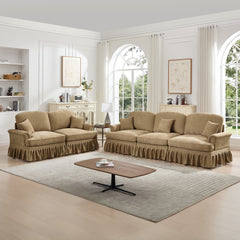 Classic 2 Piece Modular Couch Living Room Sofa Set with Flared Arms and Removable Ruffles Pleats Skirts and Spindle Legs, 3 Seater Sofa + 2-Seat Loveseat Sofa Sets for Living Room, Light Coffee