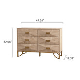 47.24" Light Wood 6-Drawer Dresser - Geometric Relief Chest of Drawers with Gold Metal Legs, Modern Sideboard Console Table for Living Room/Bedroom