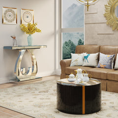 Black gold round mirror coffee table cylindrical black glass with gold powder mirror effect Marble pattern sticker side table modern home decor compact living space.