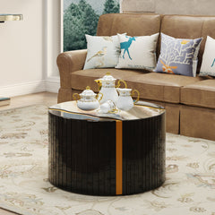 Black gold round mirror coffee table cylindrical black glass with gold powder mirror effect Marble pattern sticker side table modern home decor compact living space.