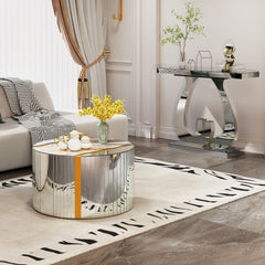 White Marble pattern sticker Round Coffee Table Cylindrical Silver Mirror with Gold Dust Finish Modern Home Decor Compact Center Table