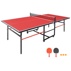 8ft Red Mid-Size Table Tennis Table Foldable & Portable Ping Pong Table Set for Indoor Games with Net, 2 Table Tennis Paddles and 3 Balls