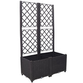 Poly Rattan Brown Trellis Raised Bed with Drainage Plug - 2 Removable Pots with Large Flower Boxes - Built-in Support for Climbing Plants - Outdoor Patio Garden Decoration