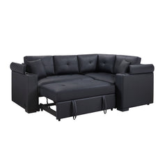 Duilio 84.5"W Black PVC Fabric Sleeper Sectional with USB Charger, Cupholders, Storage Arms