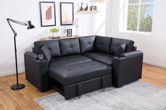 Duilio 84.5"W Black PVC Fabric Sleeper Sectional with USB Charger, Cupholders, Storage Arms