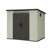 6x8FT Outdoor Resin Storage Shed with Transparent Windows & Louvered Vents, Plastic Tool Shed with Double Lockable Doors & Sloping Roof, Outside Garden Shed for Backyard, Patio, Lawn, Gray
