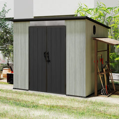 6x8FT Outdoor Resin Storage Shed with Transparent Windows & Louvered Vents, Plastic Tool Shed with Double Lockable Doors & Sloping Roof, Outside Garden Shed for Backyard, Patio, Lawn, Gray