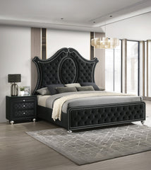 1pc Traditional Glam 3-Drawer Nightstand Velvet Tufted Drawer Front Jewelry Tray Faux Crystal Drawer Knobs Black