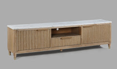 1pc Modern Luxury and Sleek Fluted Wood Facade Pristine White Faux Marble Top Brass-tone Accents Tapered Legs Tv Stand Media Console Natural Wood Finish