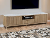1pc Modern Luxury and Sleek Fluted Wood Facade Pristine White Faux Marble Top Brass-tone Accents Tapered Legs Tv Stand Media Console Natural Wood Finish