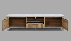 1pc Modern Luxury and Sleek Fluted Wood Facade Pristine White Faux Marble Top Brass-tone Accents Tapered Legs Tv Stand Media Console Natural Wood Finish