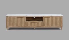 1pc Modern Luxury and Sleek Fluted Wood Facade Pristine White Faux Marble Top Brass-tone Accents Tapered Legs Tv Stand Media Console Natural Wood Finish