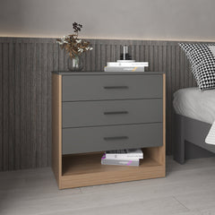 Alder 27" High Three Drawer Dresser And Open Shelf, Bedroom, Entryway, Side Board, Matte Gray - Natural Oak