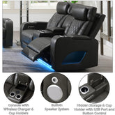Taddeo Dark Gray Synthetic Leather Power Motion Loveseat w/Console, Speaker, USB, Wireless Charger & LED