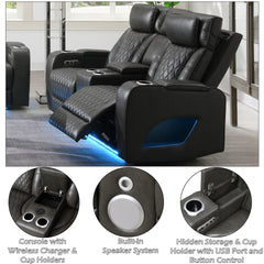 Taddeo Dark Gray Synthetic Leather Power Motion Loveseat w/Console, Speaker, USB, Wireless Charger & LED