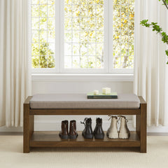 40" Accent Bench with Lower Shelf Shoe Rack, Padded Seating Bench for Living Room, Modern Compact Bed End Bench with Storage for Bedroom Seating, Removable Cushion, 40"W- Linen