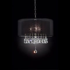 19" Tall Ceiling Lamp "Effleurer", Silver and Crystal Accents, Black Shade