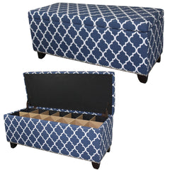 18" Tall Storage Bench with Blue Moroccan Stripes Decor
