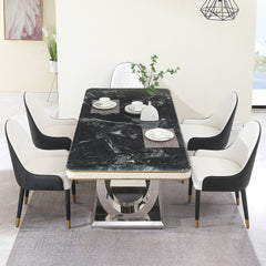 Luxury Modern Dining Table 78.7inch Black Dining Table Faux Marble Dining Table Top with Dual Circle Base (Dining Table Only)