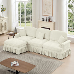 Mid Century Three Seater Modular L Shaped Sectional Couch with Flared Arms and Removable Ruffles Pleats Skirts and Spindle Legs, Comfy Chenille 3-Seat Deep Seat Sofa with Movable Ottoman, Beige White