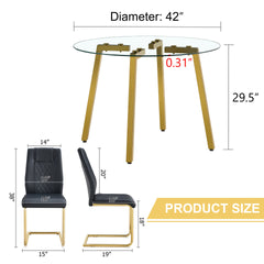 Table and chair set.A Modern Minimalist Style Round Clear Tempered Glass Table with Metal Legs.Paried with black chairs with Modern PU Leather High Back Upholstered and C-Tube Golden Legs.