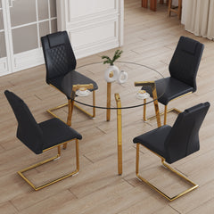 Table and chair set.A Modern Minimalist Style Round Clear Tempered Glass Table with Metal Legs.Paried with black chairs with Modern PU Leather High Back Upholstered and C-Tube Golden Legs.