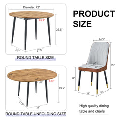 Table and chair set.Modern Extendable Wood MDF Dining Table.The table has a telescopic design, suitable for gatherings of different size.Paired with 4 chairs with PU cushions and black metal legs.