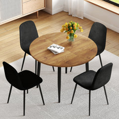 Table and chair set.Modern Extendable MDF Dining Table.Suitable for gatherings of different size.Paired with 4 Black Linen-Cotton Material High Resilience Dining Chair with Metal Black Leg.