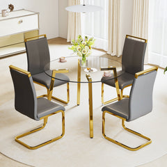 Modern minimalist style circular transparent tempered glass table, tempered glass tabletop, golden metal legs, suitable for kitchen, dining room, and living room, 42 "* 42" * 29.5 "1123r