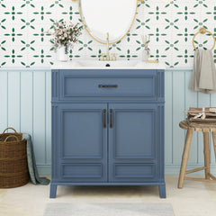 30'' Bathroom Vanity with Ceramic Sink,Solid Wood Frame Bathroom Storage Cabinet with Soft Closing Doors, Retro Style, Blue