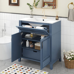 30'' Bathroom Vanity with Ceramic Sink,Solid Wood Frame Bathroom Storage Cabinet with Soft Closing Doors, Retro Style, Blue