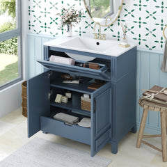 30'' Bathroom Vanity with Ceramic Sink,Solid Wood Frame Bathroom Storage Cabinet with Soft Closing Doors, Retro Style, Blue