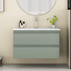 32-Inch Wall-Mounted Bathroom Vanity With Sink Combo, Double Drawers, Rounded Drawer Fronts,Soft-Close System,Ceramic Sink,No Handle Design,Solid Wood,Easy to Install,The Faucet Is Not Included,Green
