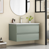 32-Inch Wall-Mounted Bathroom Vanity With Sink Combo, Double Drawers, Rounded Drawer Fronts,Soft-Close System,Ceramic Sink,No Handle Design,Solid Wood,Easy to Install,The Faucet Is Not Included,Green