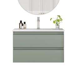32-Inch Wall-Mounted Bathroom Vanity With Sink Combo, Double Drawers, Rounded Drawer Fronts,Soft-Close System,Ceramic Sink,No Handle Design,Solid Wood,Easy to Install,The Faucet Is Not Included,Green