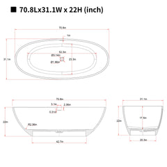 71'' Freestanding Bathtub Resin Stone Soaking Bathtub Solid Surface Modern Tubs with Overflow and Pop-up Drain