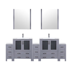 Dark Grey Double Bath Vanity 96 in. W x 18.25 in. D, with Side Cabinets, White Ceramic Top, 28 in. Mirrors, and Faucet Set