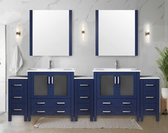 Navy Blue Double Bath Vanity 108 in. W x 18.25 in. D, with Side Cabinets, White Ceramic Top, 34 in. Mirrors, and Faucet Set