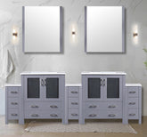 Dark Grey Double Bath Vanity 96 in. W x 18.25 in. D, with Side Cabinets, White Ceramic Top, and 28 in. Mirrors