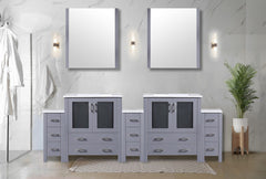 Dark Grey Double Bath Vanity 96 in. W x 18.25 in. D, with Side Cabinets, White Ceramic Top, and 28 in. Mirrors
