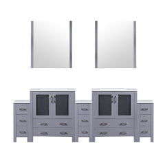 Dark Grey Double Bath Vanity 96 in. W x 18.25 in. D, with Side Cabinets, White Ceramic Top, and 28 in. Mirrors