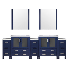 Navy Blue Double Bath Vanity 108 in. W x 18.25 in. D, with Side Cabinets, White Ceramic Top, and 34 in. Mirrors