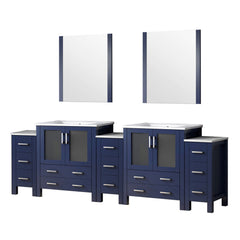 Navy Blue Double Bath Vanity 108 in. W x 18.25 in. D, with Side Cabinets, White Ceramic Top, and 34 in. Mirrors
