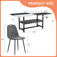 Table and chair set.71*35.4 inch White And Black Spliced Dining Table With Storage Function In The Middle Of The Table Legs.Paired With 6 Chairs Made Of Dark Gray Lnen Fabric.Iron pipe spraying Legs.