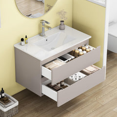32-Inch Wall-Mounted Bathroom Vanity With Sink Combo, Double Drawers, Rounded Drawer Fronts,Soft-Close System,Ceramic Sink,No Handle Design,Solid Wood,Easy to Install,Mocha Gray