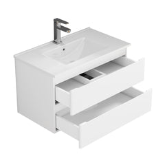 32-Inch Wall-Mounted Bathroom Vanity With Sink Combo, Double Drawers, Rounded Drawer Fronts,Soft-Close System,Ceramic Sink,No Handle Design,Solid Wood,Easy to Install,White